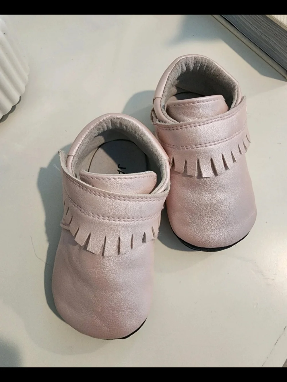 Toddler Pink Fringe Moccasins with Hook-and-Loop Strap